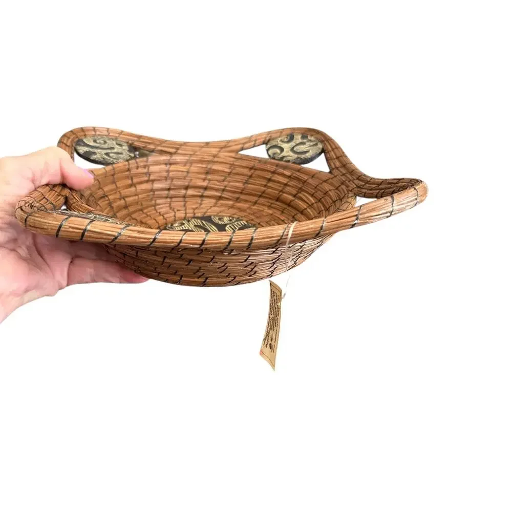 Vintage Handmade Pine needle and  Clay Basket Signed Melanie Walter